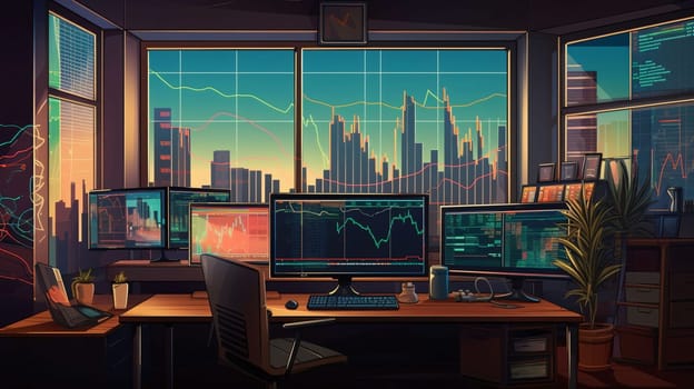 Stock Market: Illustration of a modern office interior with stock market chart on screen