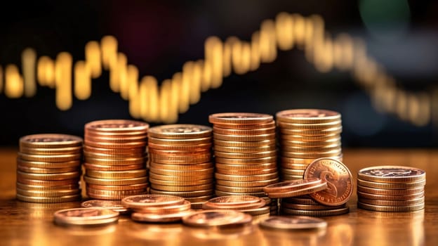 Stock Market: Stock market graph and coin stack for finance and banking concept idea.