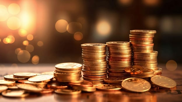 Stock Market: Stacks of gold coins on the table with bokeh background