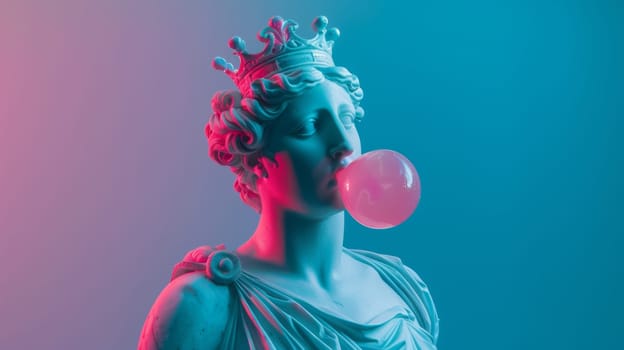 Statue of a classical statue with a crown blowing a pink bubble gum.