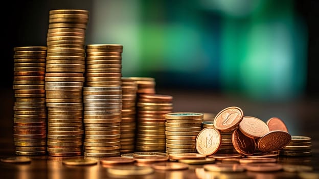 Stock Market: Pile of gold coins with green bokeh background, business concept