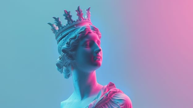 Colorful lighting on classical statue with crown.