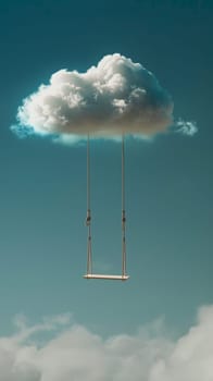 Swing hanging from a cloud in a clear blue sky.
