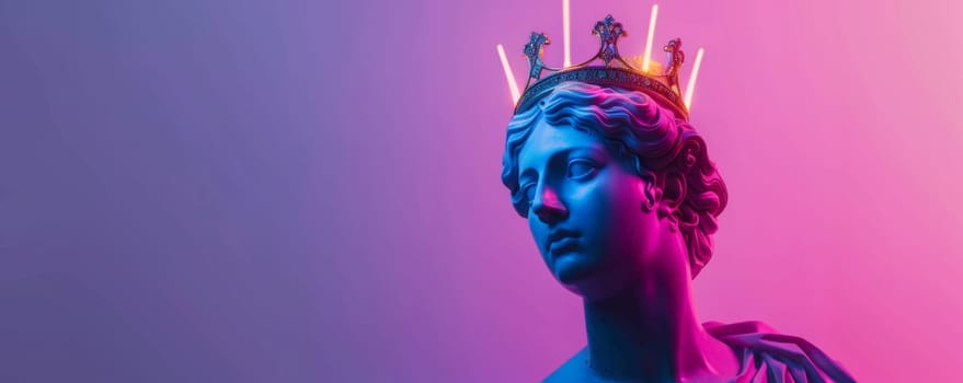 Neon-lit classical bust with a golden crown.