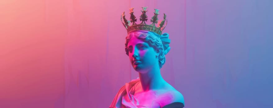 Colorful neon lighting on marble statue with crown.