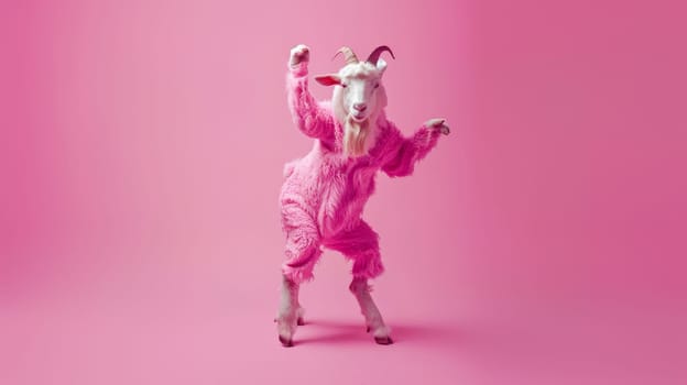 A goat is dressed in a pink suit and is balancing on its hind legs. TheHappy Goat in Dancing on the Party goat appears to be standing tall and steady in its unique outfit.