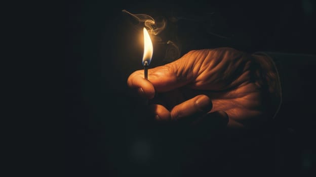 A mans hand holding Lit Match on dark background.