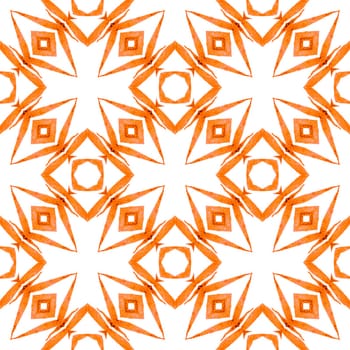 Ethnic hand painted pattern. Orange fresh boho chic summer design. Watercolor summer ethnic border pattern. Textile ready ravishing print, swimwear fabric, wallpaper, wrapping.