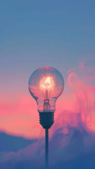 A light bulb is perched on top of a sturdy metal pole. The bulb is shining brightly, illuminating its surroundings. The pole provides support and stability for the bulb.Light Bulb With Flame Inside.
