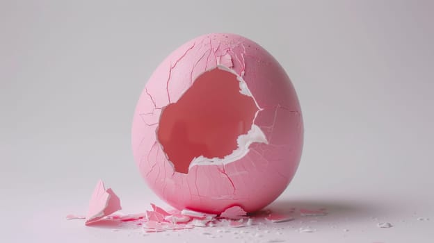 A pink egg shell lies broken on a surface, with a clear hole in it. The delicate shell is fractured, revealing the inner contents.