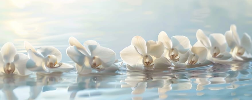 White orchids floating on water with soft focus and serene background.