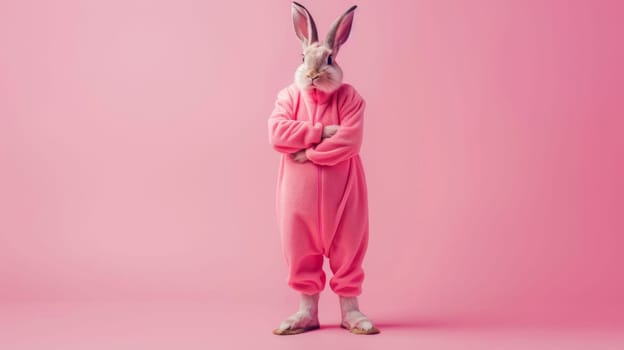 A person wearing a pink bunny costume standing in front of a solid pink background, striking a playful pose and drawing attention to the vibrant pink color theme.