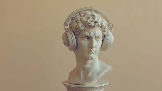 Marble sculpture of classical bust wearing modern headphones.