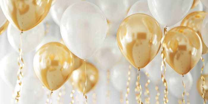 Festive golden and white balloons with golden ribbons on white background. Celebration, party, and decoration concept for design, print or post card. Ai generation. High quality photo