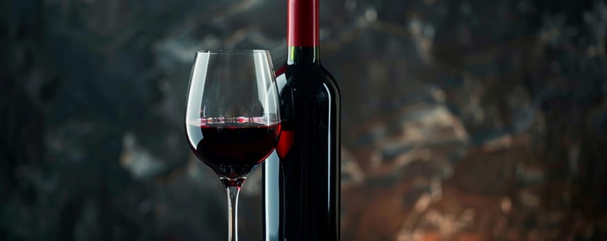 Red Wine Glass Beside Wine Bottle.