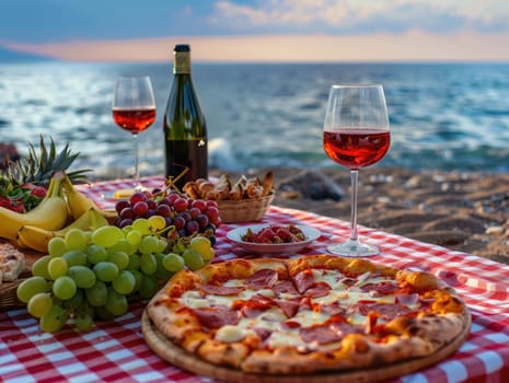 Picnic on the beach at sunset with a spread of fresh fruits, pepperoni pizza, and red wine. Romantic summer dining, food, and wine tasting concept with seaside view. Ai generation. High quality photo