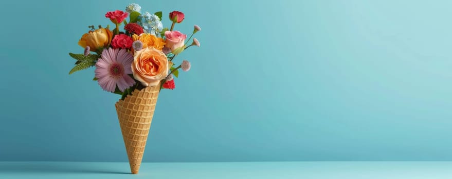 Colorful flowers in an ice cream cone on blue background.