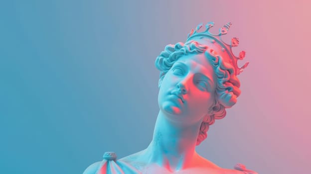 Sculpture of a classical figure with crown in dual-tone lighting.