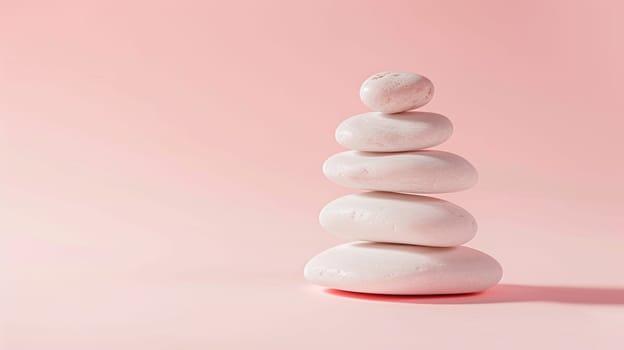 Stack of smooth white stones on pink background.