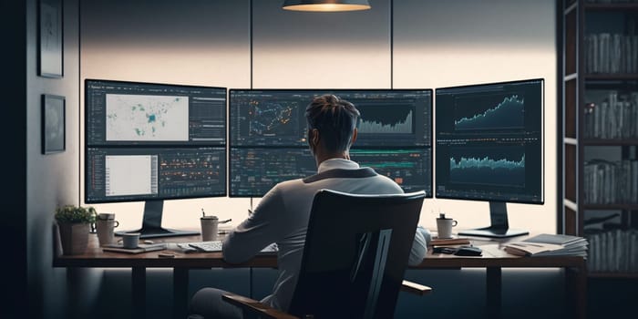 Stock Market: Businessman analyzing stock market data on multiple computer screens. Mixed media