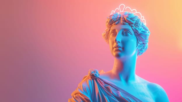 Colorful lighting on classical statue with a crown.