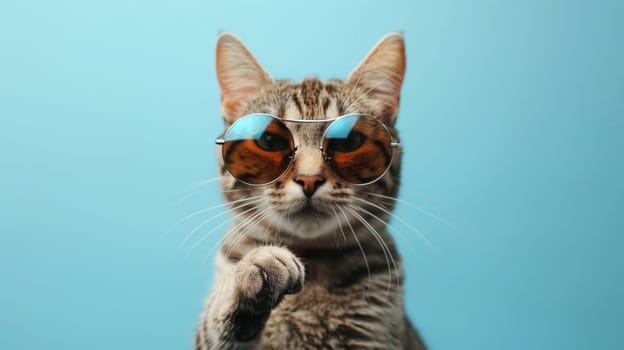 Cat wearing round sunglasses pointing at camera.
