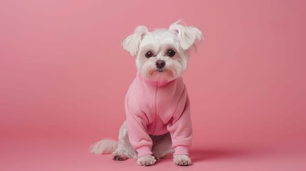 A small white dog is wearing a pink sweater. The dog is standing in a room. It has fluffy fur and a wagging tail.