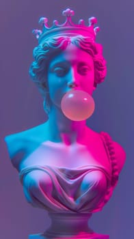 Colorful neon statue with crown and bubble gum.