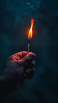 A mans hand holding Lit Match on dark background.