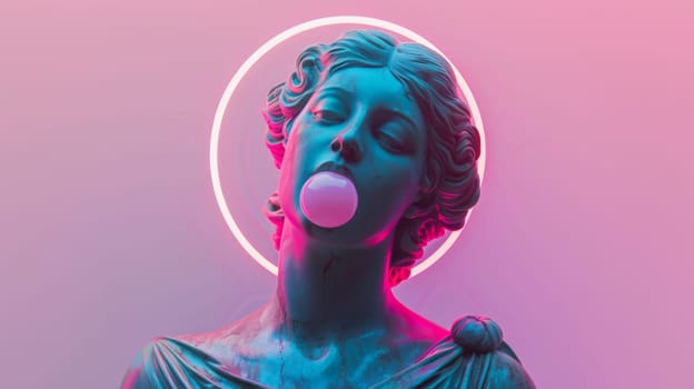 Surreal statue with neon lighting and bubble gum.