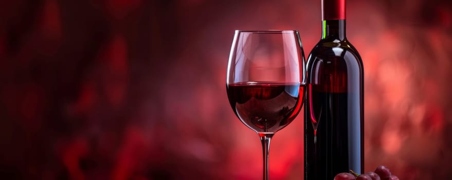 A glass filled with red wine sits beside a sleek bottle of wine on a wooden table. The deep red color of the wine contrasts with the clear glass.