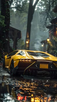 A bright yellow vehicle with automotive lighting is parked on a wet forest road, showcasing its sleek design and shiny wheels