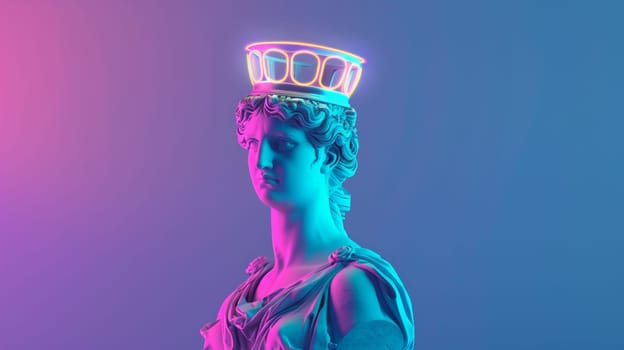 Neon-lit classical sculpture with a crown.