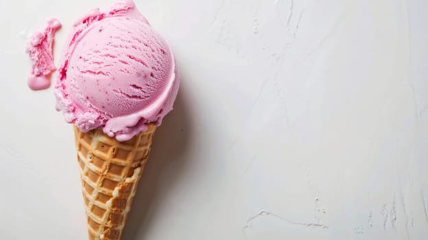 An ice cream cone featuring pink icing is placed on a clean, white background. The cone is filled with creamy goodness, and the pink icing adds a pop of color to the sweet treat.