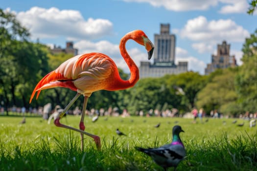 A vibrant red flamingo gracefully walks across the lush green grass of Central Park