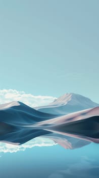 Surreal landscape with reflective water and blue mountains.