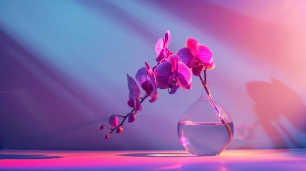 Purple orchids in a glass vase under colorful lighting.