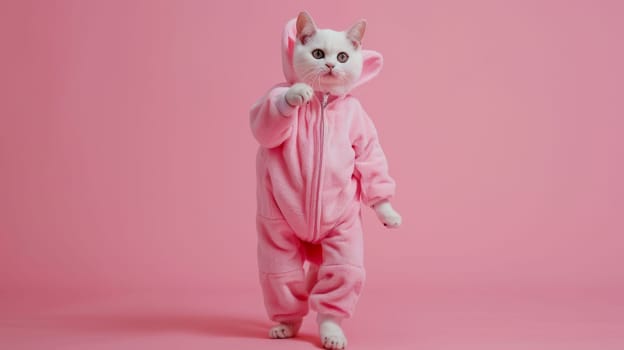 White Cat Wearing Pink Overalls on Pink Background.