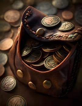 Various coins in a small pouch. A pile of coins. Money and currencies.
