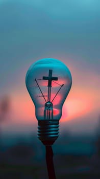 Light Bulb With a Cross Inside Against Sky Background.