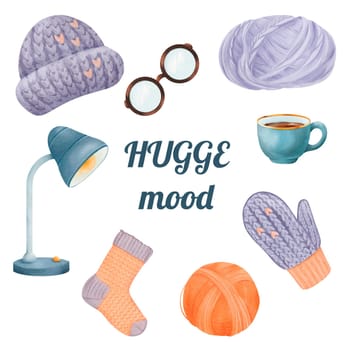 Watercolor cozy set featuring winter knitted clothing a hat, mittens and socks. glasses and a lamp for cozy evenings at home, accompanied by a cup of tea or coffee and skeins of yarn for crafting.