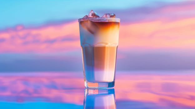 Iced layered coffee in a glass against a colorful sunset.
