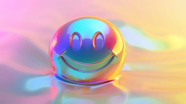 Colorful iridescent smiley face sphere on a soft gradient background.