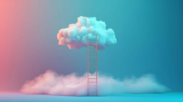 Ladder reaching a floating cloud on a blue gradient background.