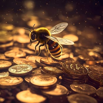 Scattered hundreds, gold coins and a flying giant Bee. A pile of coins. Money and currencies.