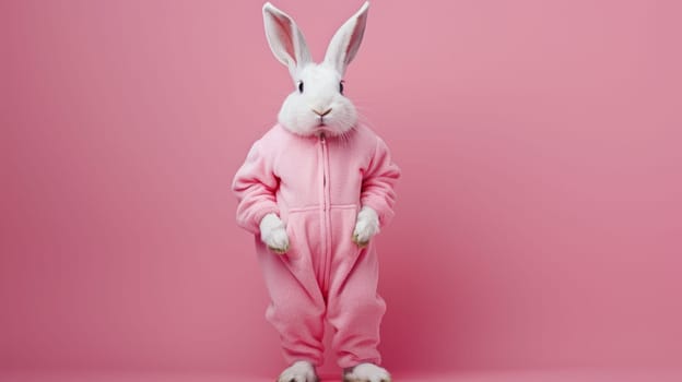 White Rabbit in Pink Outfit on Pink Background.