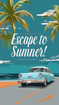 retro-inspired design featuring a classic car cruising down a scenic coastal highway with palmtrees