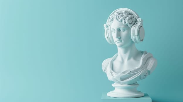 Statue of Apollo wearing modern headphones.