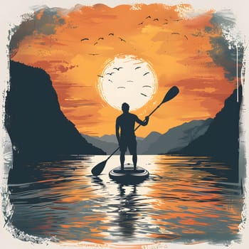 A man gracefully stands on a paddle board, surrounded by the tranquil waters and painted sky of a sunset. The scene is a beautiful blend of nature and art, evoking feelings of happiness