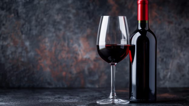 Red Wine Glass Beside Wine Bottle.
